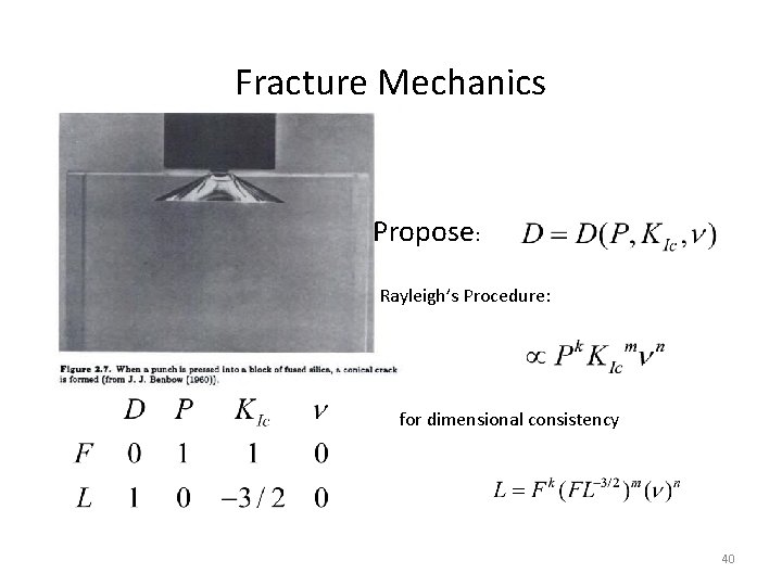 Fracture Mechanics Propose: Rayleigh’s Procedure: for dimensional consistency 40 Fracture Mechanics Propose: Rayleigh’s Procedure: for dimensional consistency 40