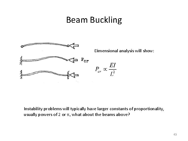 Beam Buckling Dimensional analysis will show: Instability problems will typically have larger constants of