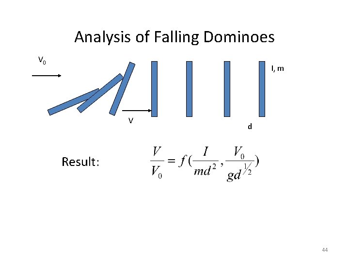 Analysis of Falling Dominoes V 0 I, m V d Result: 44 