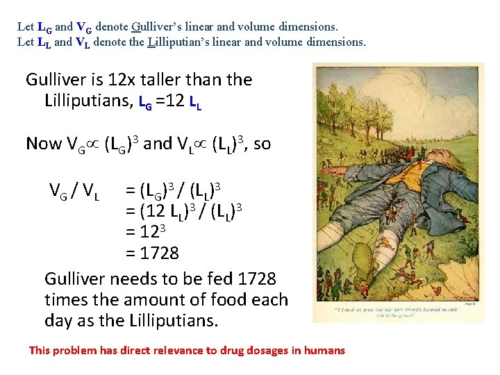 Let LG and VG denote Gulliver’s linear and volume dimensions. Let LL and VL