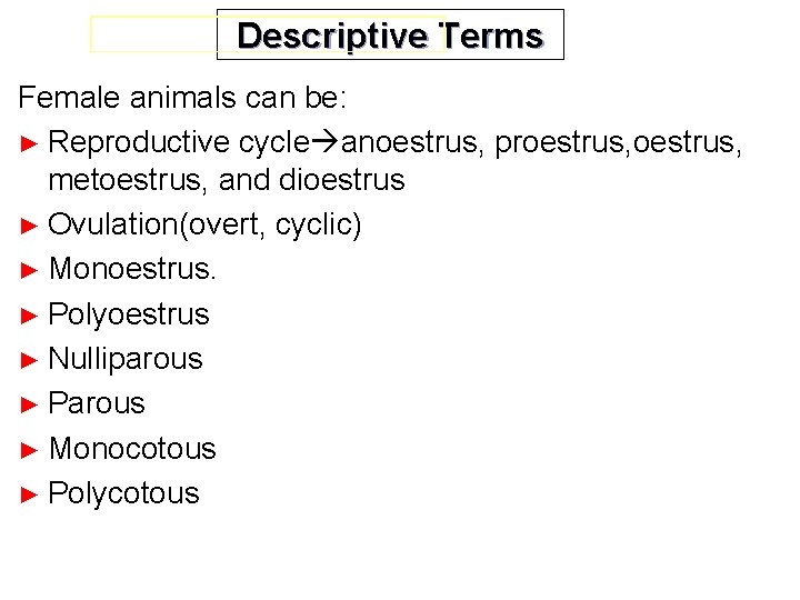 Descriptive Terms Female animals can be: ► Reproductive cycle anoestrus, proestrus, metoestrus, and dioestrus