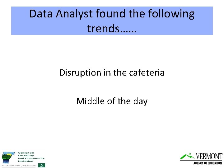 Data Analyst found the following trends…… Disruption in the cafeteria Middle of the day