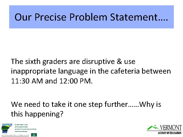 Our Precise Problem Statement…. The sixth graders are disruptive & use inappropriate language in