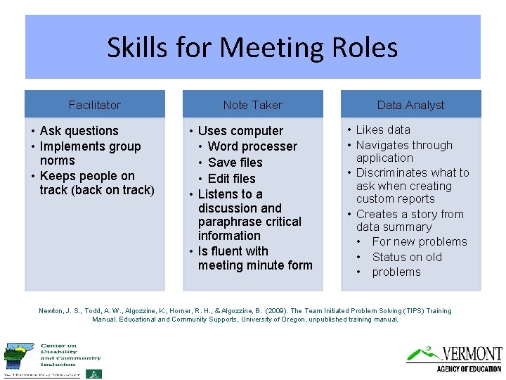 Skills for Meeting Roles Facilitator Note Taker Data Analyst • Ask questions • Implements