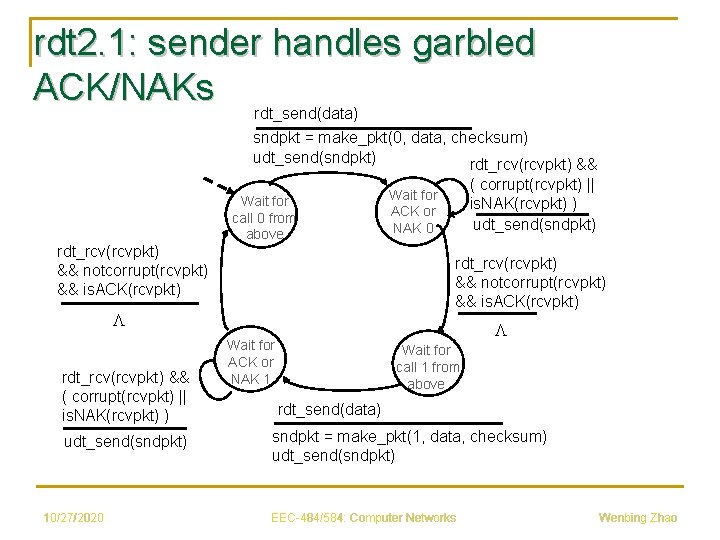 rdt 2. 1: sender handles garbled ACK/NAKs rdt_send(data) sndpkt = make_pkt(0, data, checksum) udt_send(sndpkt)