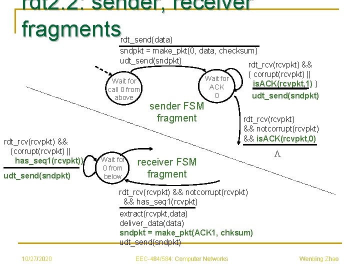 rdt 2. 2: sender, receiver fragments rdt_send(data) sndpkt = make_pkt(0, data, checksum) udt_send(sndpkt) rdt_rcv(rcvpkt)