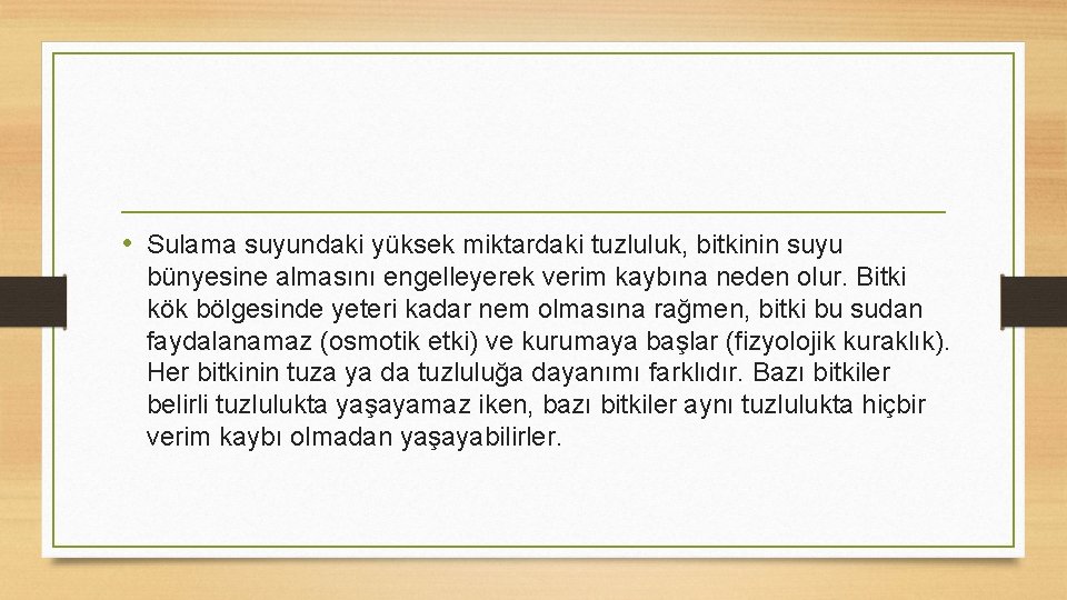  • Sulama suyundaki yüksek miktardaki tuzluluk, bitkinin suyu bünyesine almasını engelleyerek verim kaybına