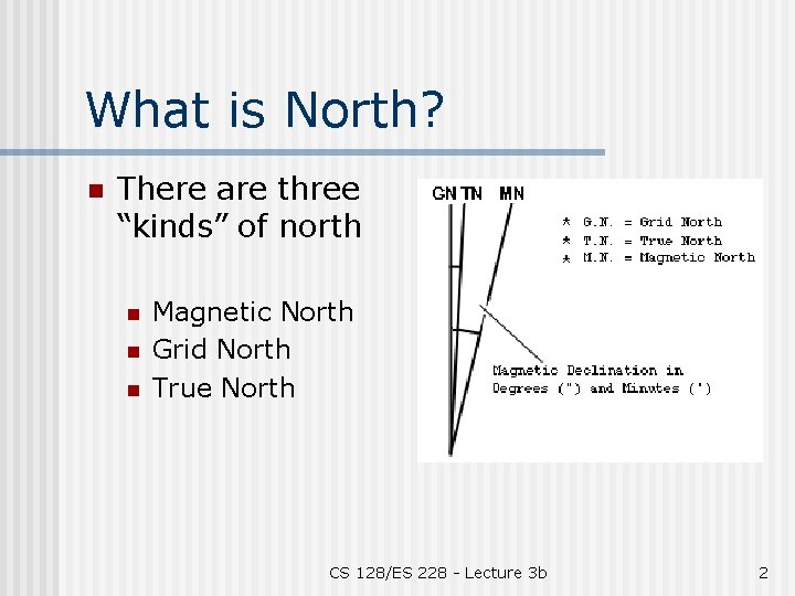 What is North? n There are three “kinds” of north n n n Magnetic