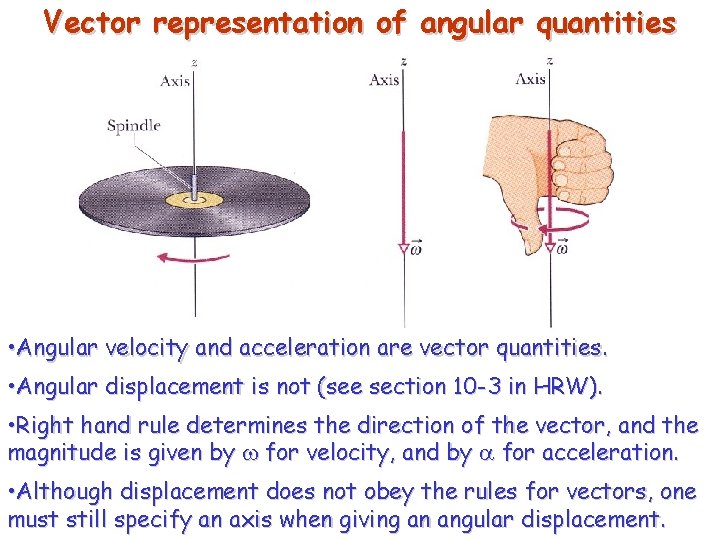 Vector representation of angular quantities • Angular velocity and acceleration are vector quantities. •
