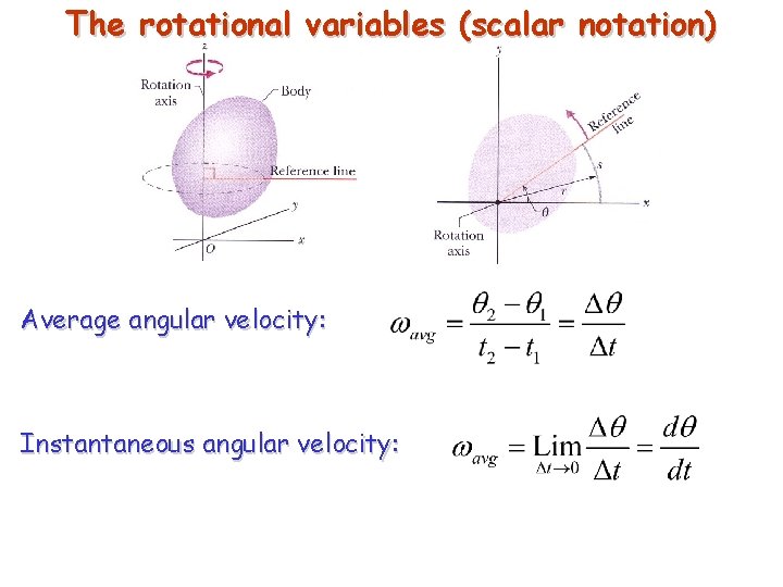 The rotational variables (scalar notation) Average angular velocity: Instantaneous angular velocity: 