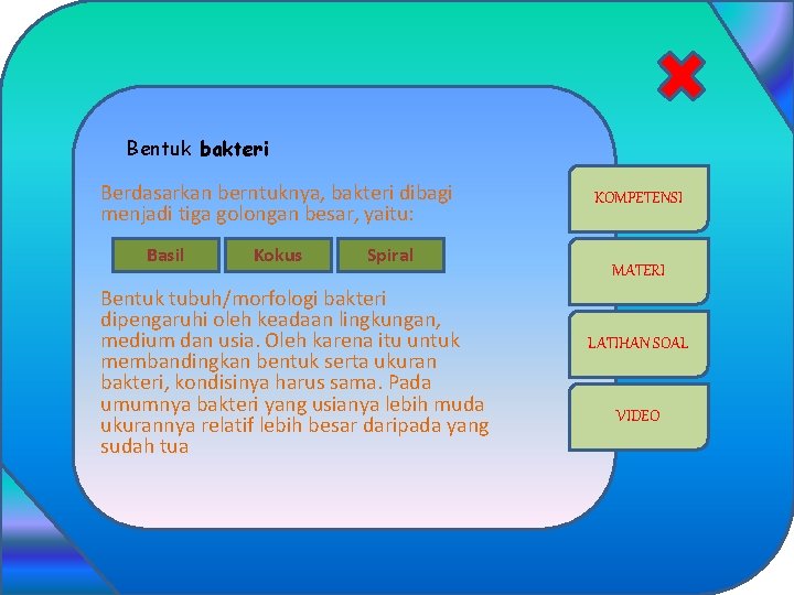 Bentuk bakteri Berdasarkan berntuknya, bakteri dibagi menjadi tiga golongan besar, yaitu: Basil Kokus Spiral