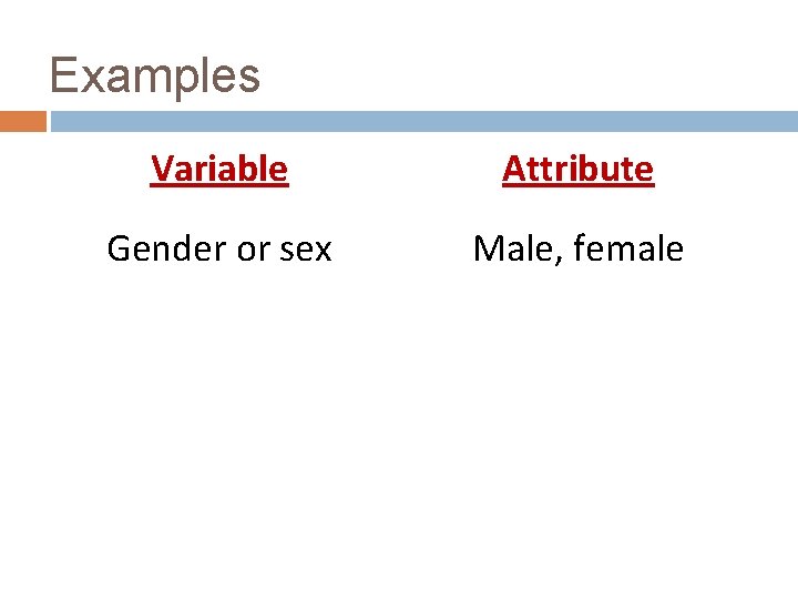 Examples Variable Attribute Gender or sex Male, female 