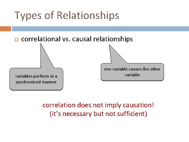Types of Relationships correlational vs. causal relationships variables perform in a synchronized manner one