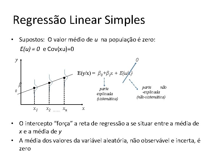 Regressão Linear Simples • Supostos: O valor médio de u na população é zero: