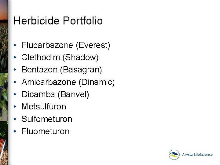 Herbicide Portfolio • • Flucarbazone (Everest) Clethodim (Shadow) Bentazon (Basagran) Amicarbazone (Dinamic) Dicamba (Banvel)