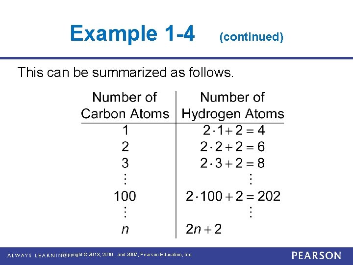 Example 1 -4 (continued) This can be summarized as follows. Copyright © 2013, 2010,