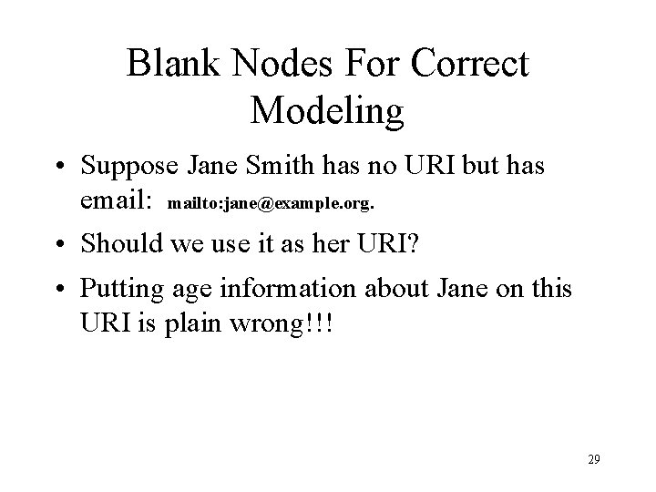 Blank Nodes For Correct Modeling • Suppose Jane Smith has no URI but has
