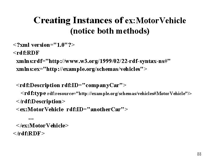 Creating Instances of ex: Motor. Vehicle (notice both methods) <? xml version="1. 0"? >