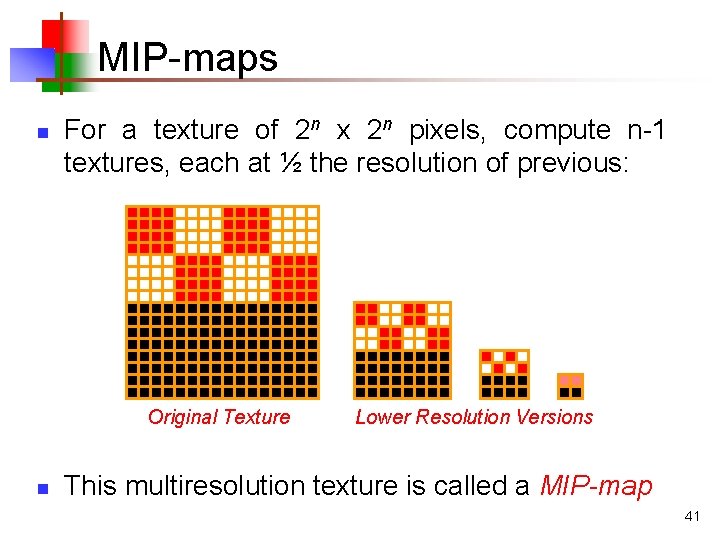 MIP-maps n For a texture of 2 n x 2 n pixels, compute n-1