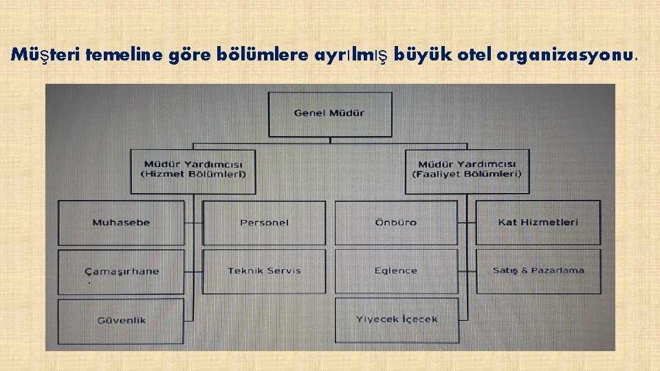 Müşteri temeline göre bölümlere ayrılmış büyük otel organizasyonu. 