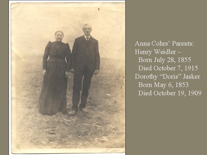 Anna Cohrs’ Parents: Henry Weidler – Born July 28, 1855 Died October 7, 1915