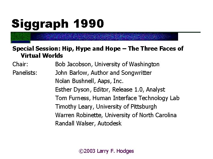 Siggraph 1990 Special Session: Hip, Hype and Hope – The Three Faces of Virtual