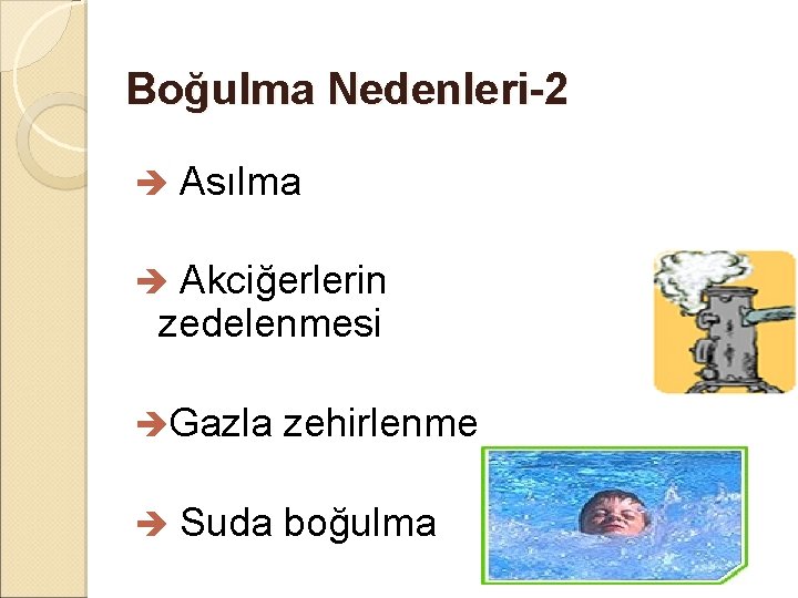 Boğulma Nedenleri-2 è Asılma Akciğerlerin zedelenmesi è èGazla è zehirlenme Suda boğulma 