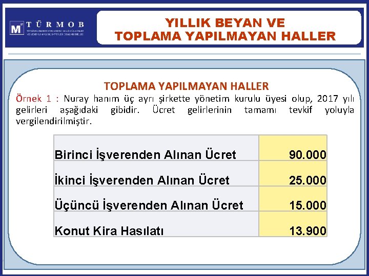 YILLIK BEYAN VE TOPLAMA YAPILMAYAN HALLER Örnek 1 : Nuray hanım üç ayrı şirkette