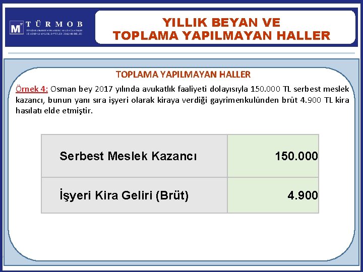 YILLIK BEYAN VE TOPLAMA YAPILMAYAN HALLER Örnek 4: Osman bey 2017 yılında avukatlık faaliyeti