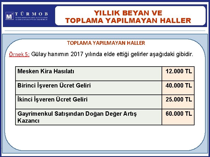 YILLIK BEYAN VE TOPLAMA YAPILMAYAN HALLER Örnek 5: Gülay hanımın 2017 yılında elde ettiği