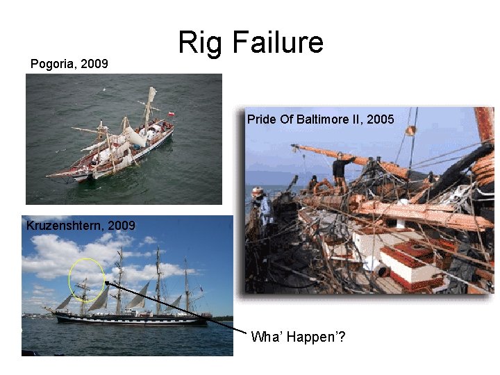 Pogoria, 2009 Rig Failure Pride Of Baltimore II, 2005 Kruzenshtern, 2009 Wha’ Happen’? 