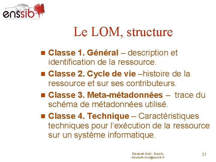 Le LOM, structure Classe 1. Général – description et identification de la ressource. Classe
