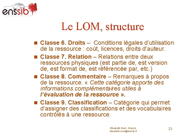 Le LOM, structure Classe 6. Droits – Conditions légales d’utilisation de la ressource :