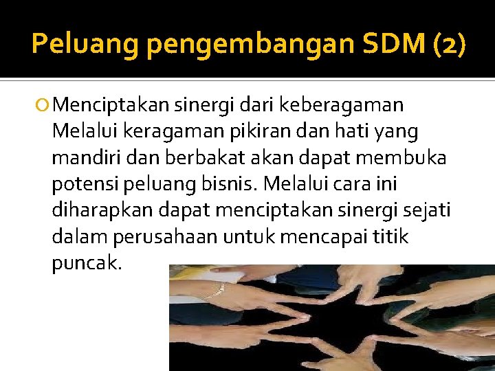 Peluang pengembangan SDM (2) Menciptakan sinergi dari keberagaman Melalui keragaman pikiran dan hati yang Peluang pengembangan SDM (2) Menciptakan sinergi dari keberagaman Melalui keragaman pikiran dan hati yang