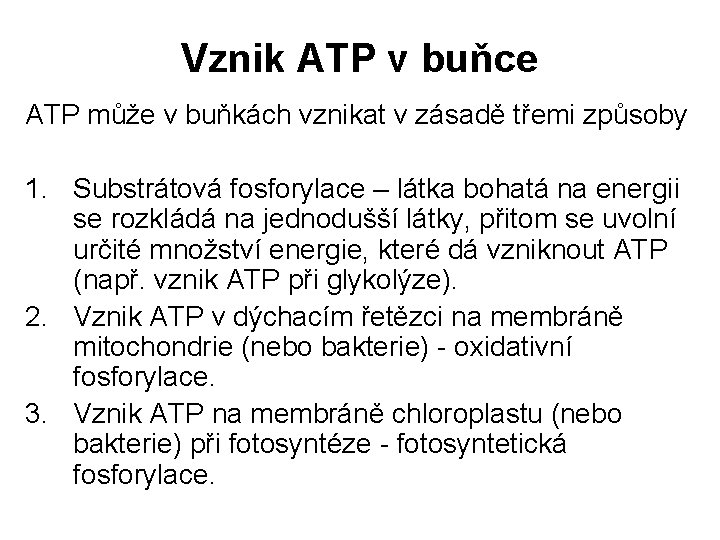 Vznik ATP v buňce ATP může v buňkách vznikat v zásadě třemi způsoby 1.