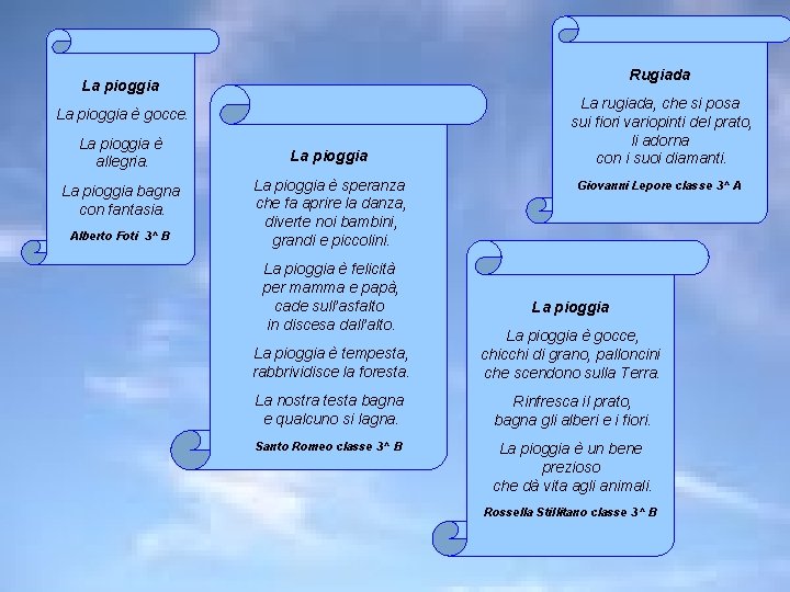 Rugiada La pioggia è gocce. La pioggia è allegria. La pioggia bagna con fantasia.