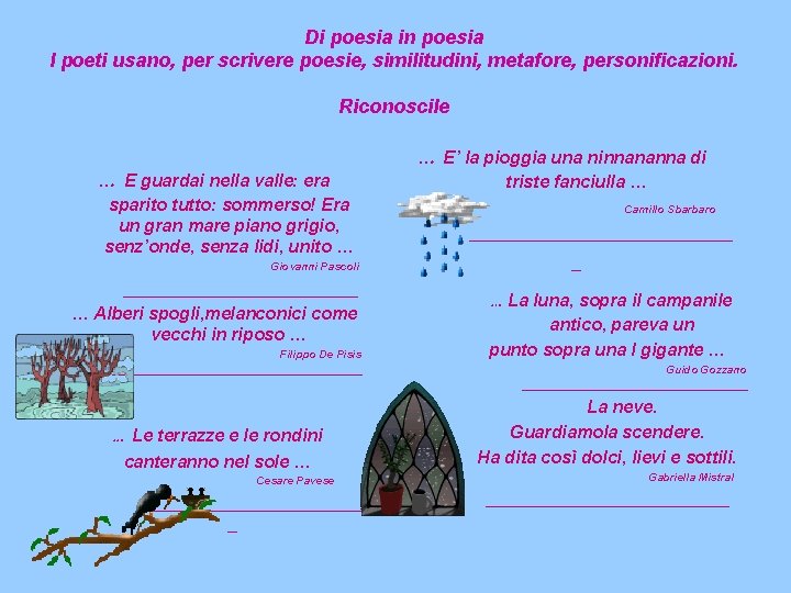 Di poesia in poesia I poeti usano, per scrivere poesie, similitudini, metafore, personificazioni. Riconoscile