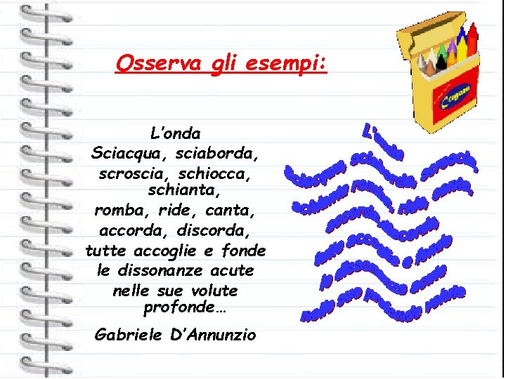 Osserva gli esempi: L’onda Sciacqua, sciaborda, scroscia, schiocca, schianta, romba, ride, canta, accorda, discorda,