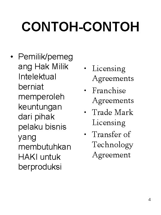 CONTOH-CONTOH • Pemilik/pemeg ang Hak Milik Intelektual berniat memperoleh keuntungan dari pihak pelaku bisnis