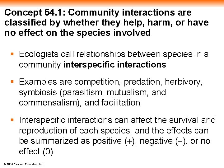 Concept 54. 1: Community interactions are classified by whether they help, harm, or have