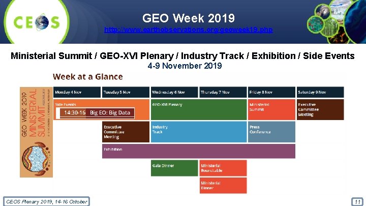 GEO Week 2019 http: //www. earthobservations. org/geoweek 19. php Ministerial Summit / GEO-XVI Plenary