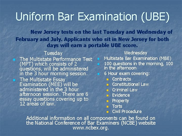 Uniform Bar Examination (UBE) New Jersey tests on the last Tuesday and Wednesday of