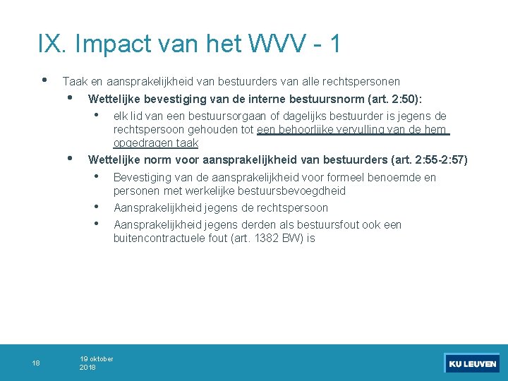 IX. Impact van het WVV - 1 • Taak en aansprakelijkheid van bestuurders van