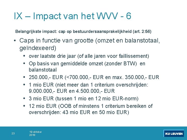 IX – Impact van het WVV - 6 Belangrijkste impact: cap op bestuurdersaansprakelijkheid (art.