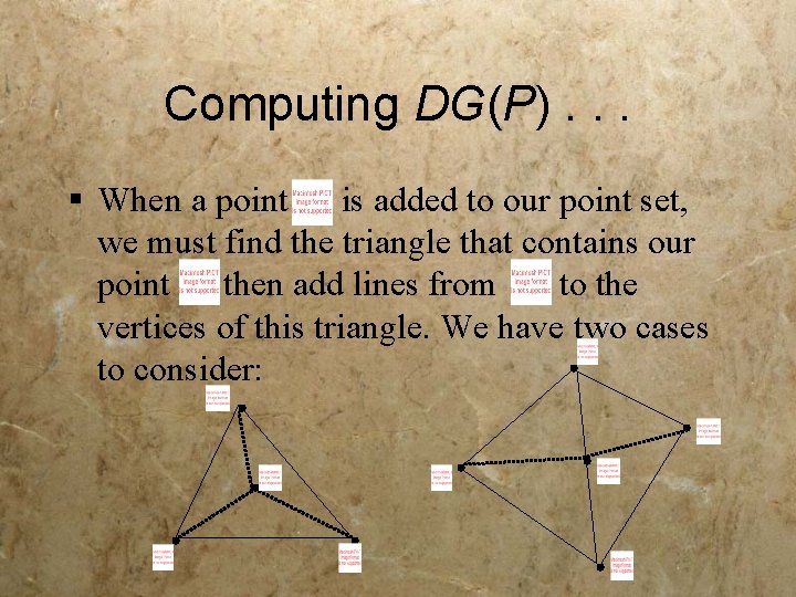 Computing DG(P). . . § When a point is added to our point set,