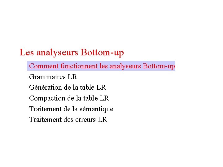 Les analyseurs Bottom-up Comment fonctionnent les analyseurs Bottom-up Grammaires LR Génération de la table
