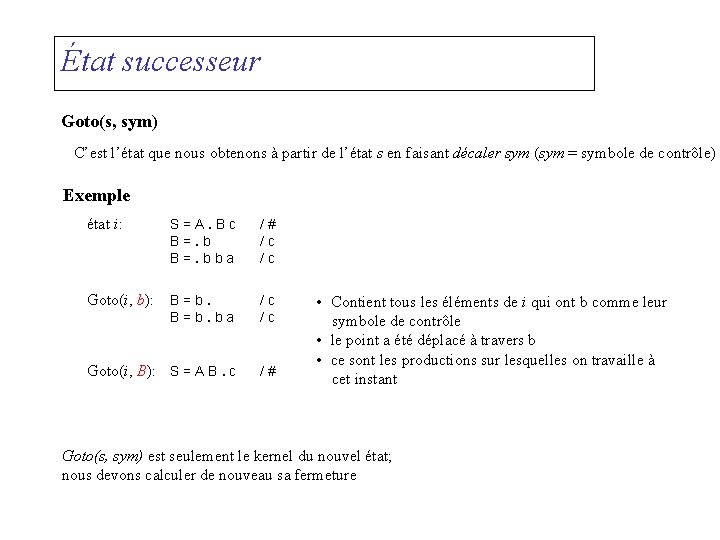 État successeur Goto(s, sym) C’est l’état que nous obtenons à partir de l’état s