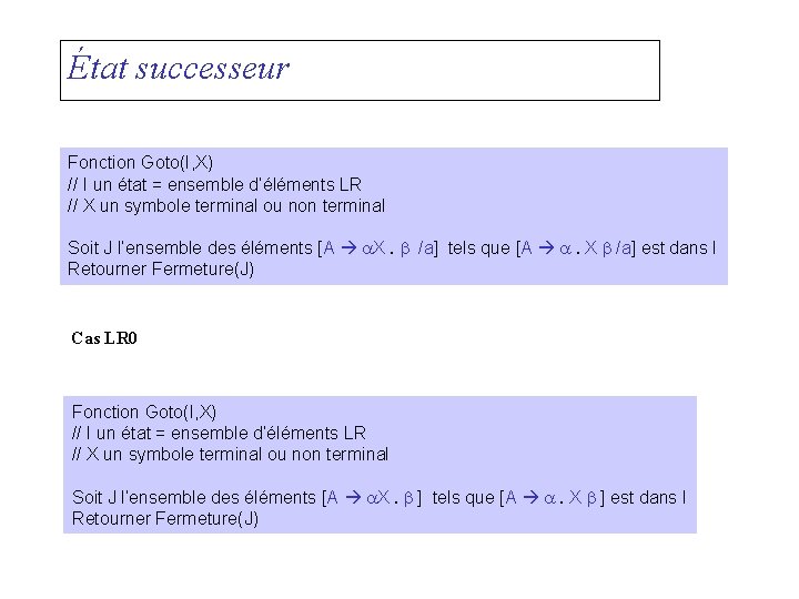 État successeur Fonction Goto(I, X) // I un état = ensemble d’éléments LR //