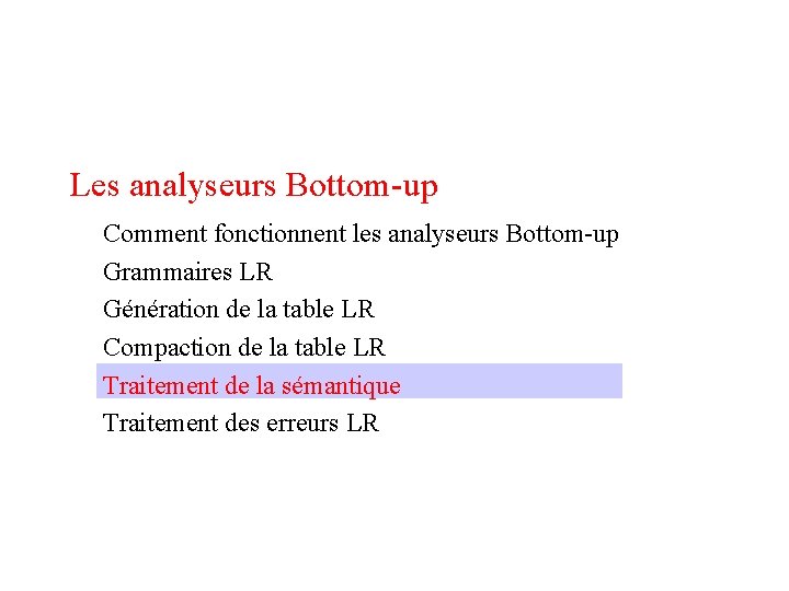 Les analyseurs Bottom-up Comment fonctionnent les analyseurs Bottom-up Grammaires LR Génération de la table