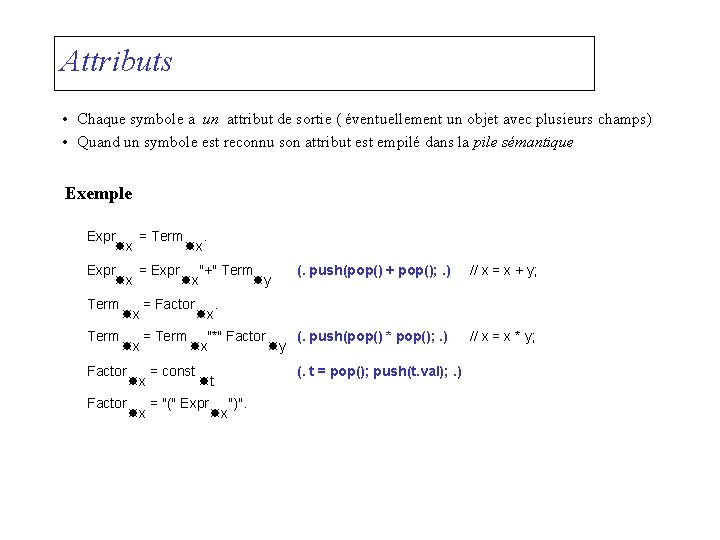 Attributs • Chaque symbole a un attribut de sortie ( éventuellement un objet avec